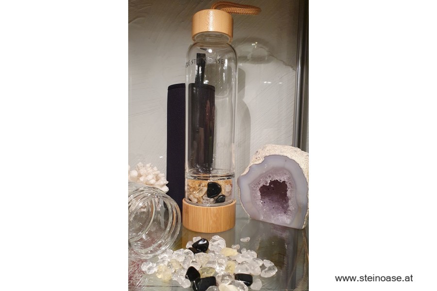 Glasflasche mit Citrin + Onyx + Bergkristall